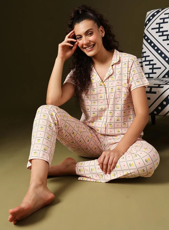 Clovia Flower Print Buttoned Shirt and Pyjama Set