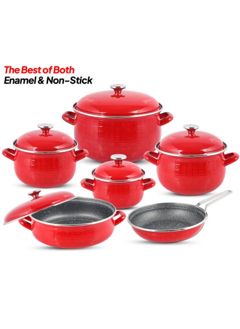 11 pcs Nonstick Cookware Set-Induction Base Pots & Pan set-Enamel Coated Granite Nonstick Interior Cookwares, Cooking Set Includes 1x16/20/24/28cm Casserole with Lid, 1x28cm Shallow pot with Lid &1x24cm Fry pan