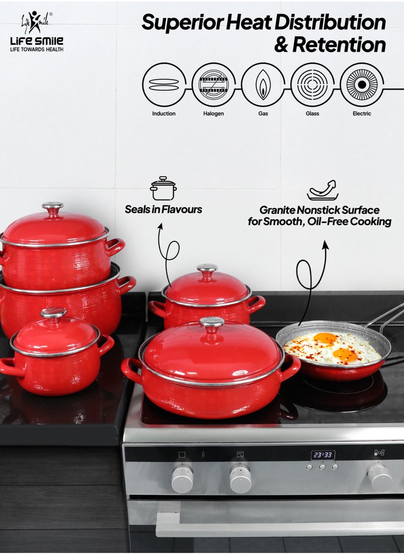 Life Smile - 11 pcs Nonstick Cookware Set-Induction Base Pots & Pan set-Enamel Coated Granite Nonstick Interior Cookwares, Cooking Set Includes 1x16/20/24/28cm Casserole with Lid, 1x28cm Shallow pot with Lid &1x24cm Fry pan - Image 1