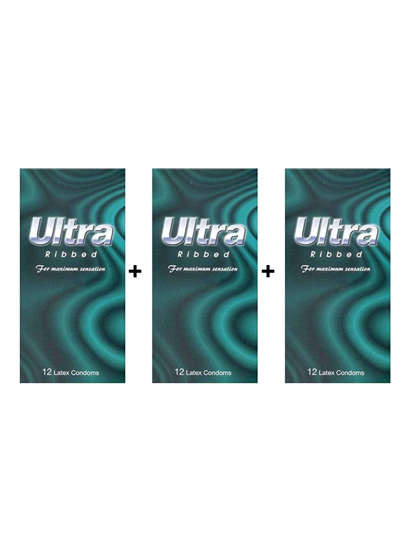 Ultra active ULTRA Ribbed CONDOMS 3 packs 12 each 