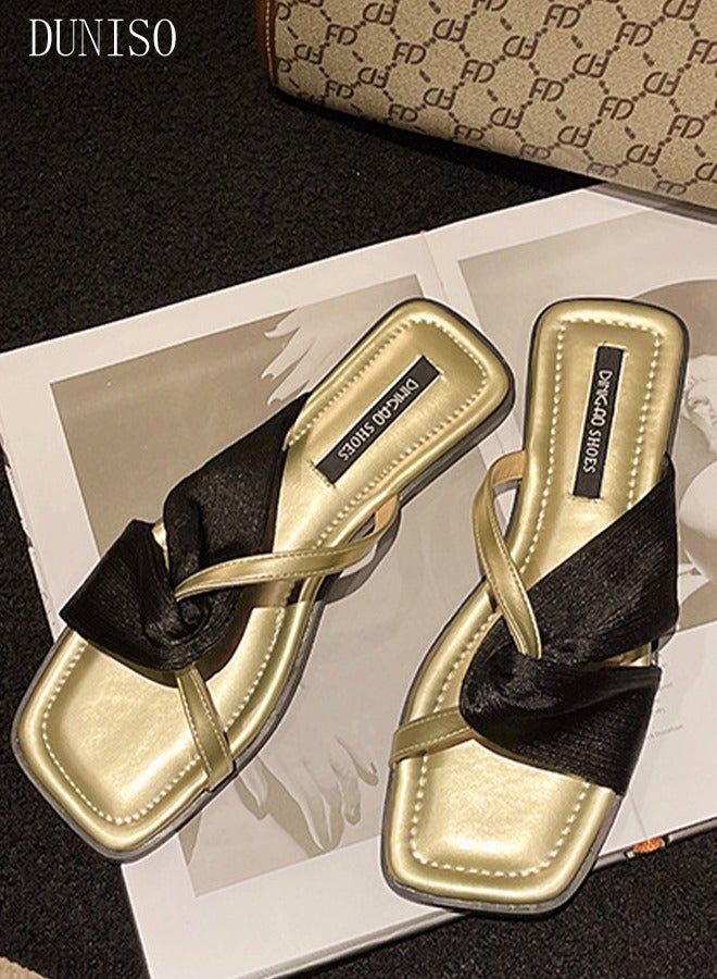 DUNISO Women's Slip On Flat Sandals Square Open Toe Slide Sandals Comfortable Women Slippers Nonslip Backless Beach Slip for Indoor and Outdoor - Image 3