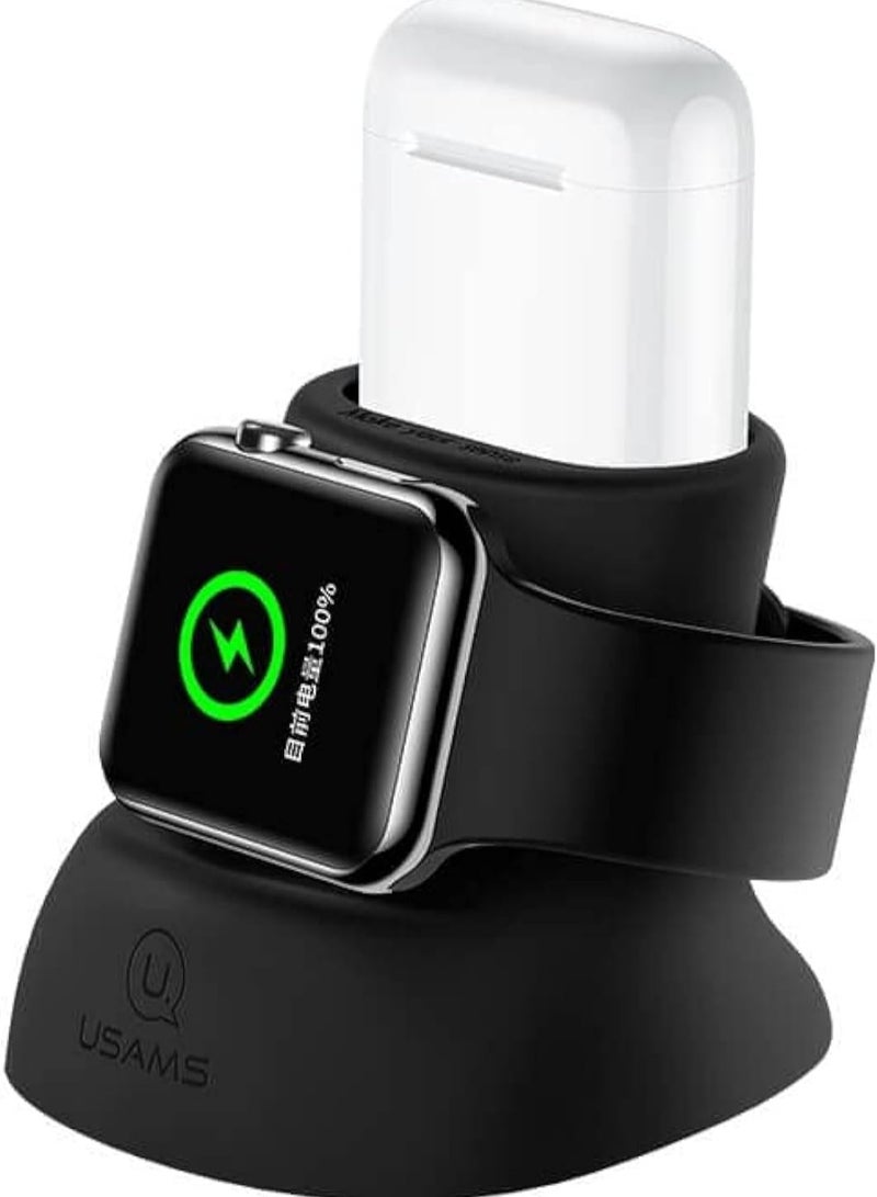 USAMS US-ZJ051 2IN1 Silicon Charging Holder For Apple Watch And AirPods -Black - Image 1