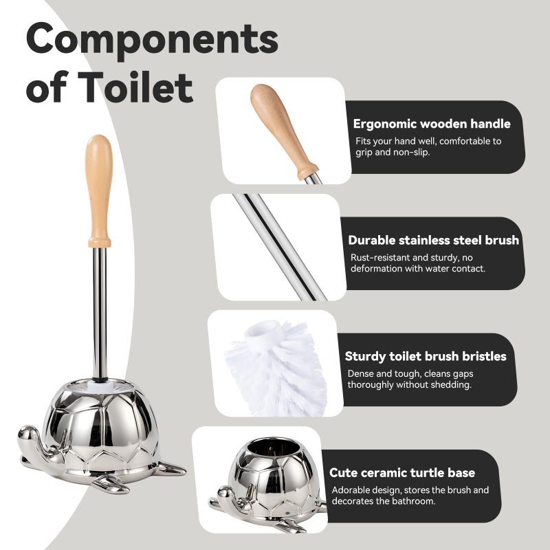 BASDHE Toilet Brush and Holder Set, Ceramic Turtle Base Toilet Brush Set - 7.5â€ Bowl Cleaner, Toilet Scrubber Brush with Ergonomic Handle (Silver) - Image 3