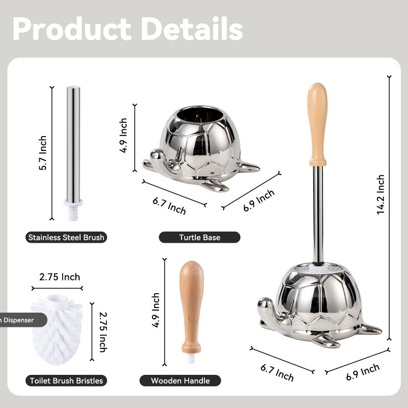 BASDHE Toilet Brush and Holder Set, Ceramic Turtle Base Toilet Brush Set - 7.5â€ Bowl Cleaner, Toilet Scrubber Brush with Ergonomic Handle (Silver) - Image 2