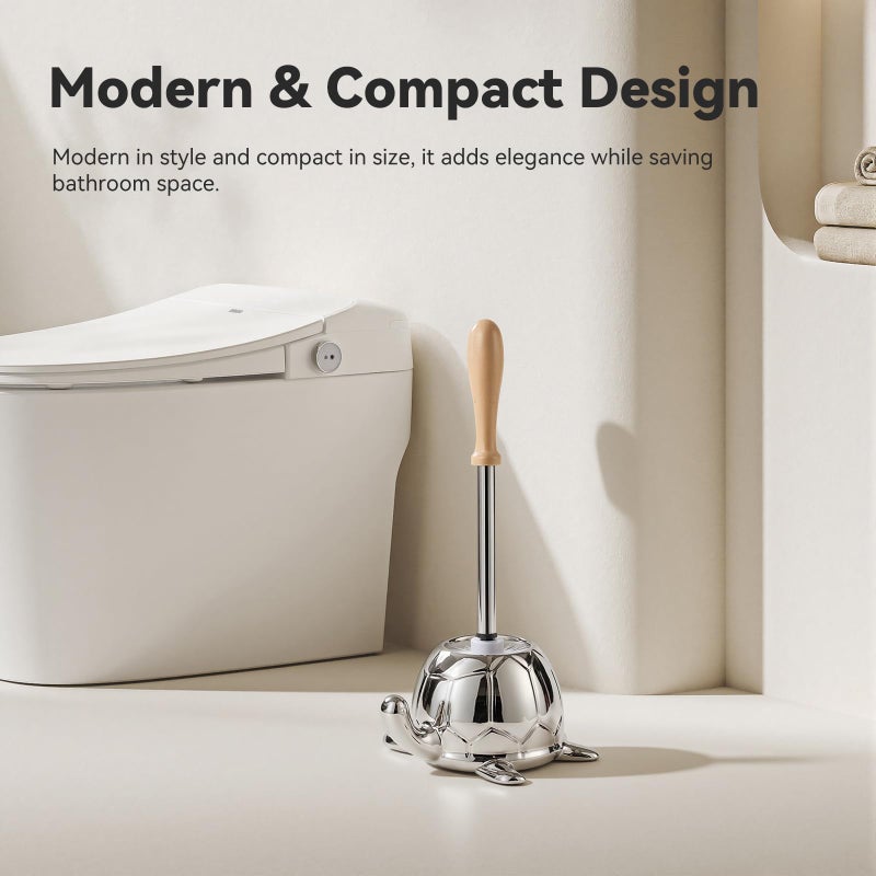 BASDHE Toilet Brush and Holder Set, Ceramic Turtle Base Toilet Brush Set - 7.5â€ Bowl Cleaner, Toilet Scrubber Brush with Ergonomic Handle (Silver) - Image 4