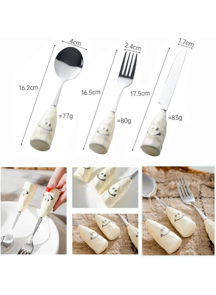 Smiley Cartoon Ceramics Handle Kitchen Stainless Steel Silverware Tableware Flatware Cutlery Set Steak Knife Fork Spoon Teaspoon (3 pieces) - Image 5