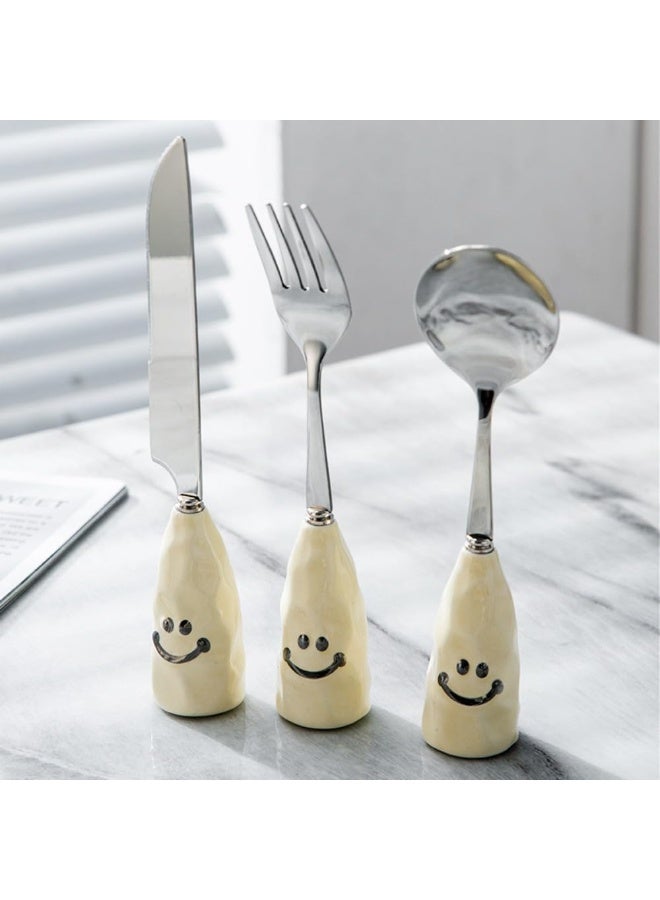 Smiley Cartoon Ceramics Handle Kitchen Stainless Steel Silverware Tableware Flatware Cutlery Set Steak Knife Fork Spoon Teaspoon (3 pieces) - Image 3
