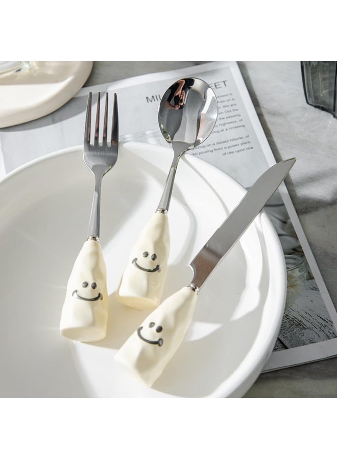 Smiley Cartoon Ceramics Handle Kitchen Stainless Steel Silverware Tableware Flatware Cutlery Set Steak Knife Fork Spoon Teaspoon (3 pieces) - Image 4