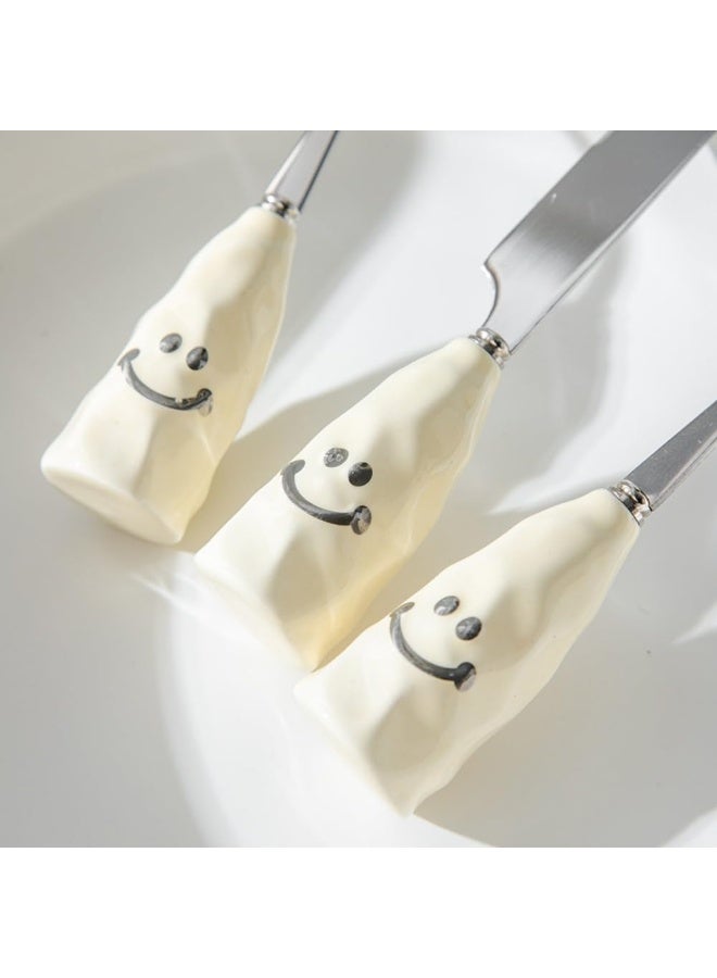 Smiley Cartoon Ceramics Handle Kitchen Stainless Steel Silverware Tableware Flatware Cutlery Set Steak Knife Fork Spoon Teaspoon (3 pieces) - Image 2
