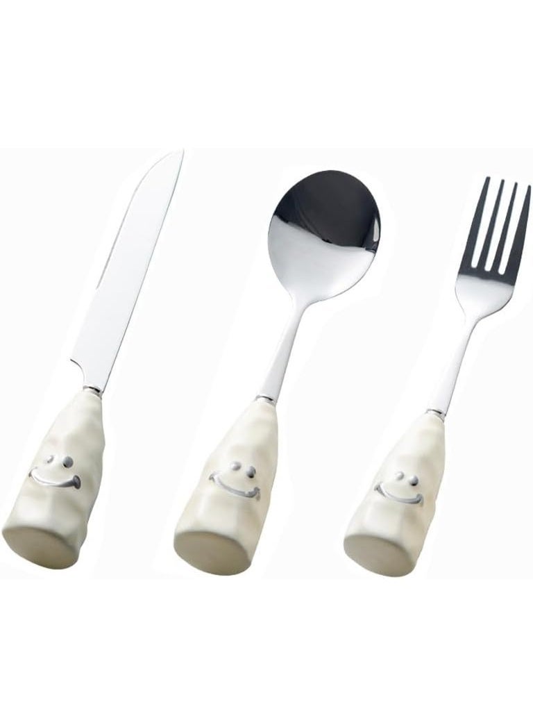 Smiley Cartoon Ceramics Handle Kitchen Stainless Steel Silverware Tableware Flatware Cutlery Set Steak Knife Fork Spoon Teaspoon (3 pieces) - Image 1