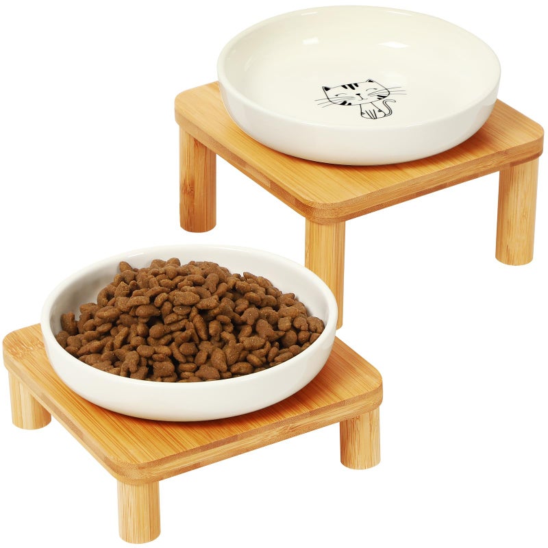 DoogCat Elevated Cat Bowls for Indoor Cats â€“ Raised Bamboo Cat Bowl Stand with 5.75 Inch Wide Ceramic Dishes, Pet Food Plate Table for Easy Feeding, Whisker Friendly(White,Set of 2) - Image 1