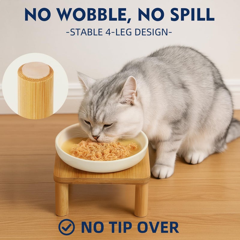 DoogCat Elevated Cat Bowls for Indoor Cats â€“ Raised Bamboo Cat Bowl Stand with 5.75 Inch Wide Ceramic Dishes, Pet Food Plate Table for Easy Feeding, Whisker Friendly(White,Set of 2) - Image 2