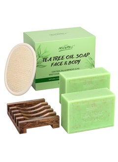 POP MODERN.C Tea Tree Soap Bar for Face & Body Wash Tea Tree Oil Bath Soaps for Athlete's Foot Body Odor Acne Deep Clean Men Women All Skin Types with Soap Holder Body Scrubber Mesh Soap Bag 2x150G