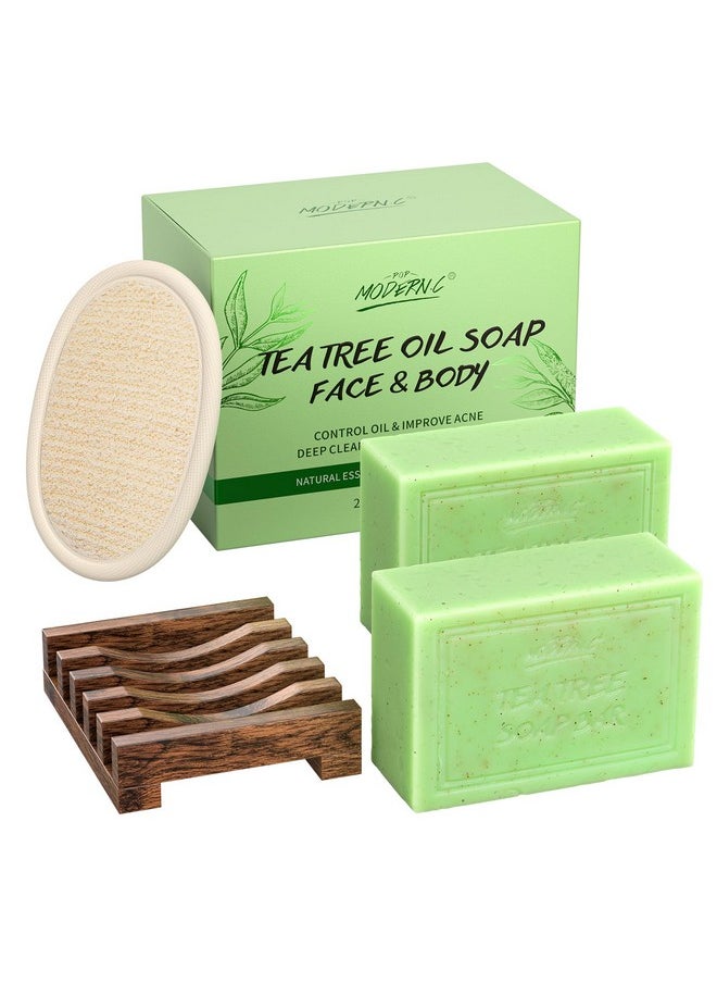 POP MODERN.C - POP MODERN.C Tea Tree Soap Bar for Face & Body Wash Tea Tree Oil Bath Soaps for Athlete's Foot Body Odor Acne Deep Clean Men Women All Skin Types with Soap Holder Body Scrubber Mesh Soap Bag 2x150G - Image 1