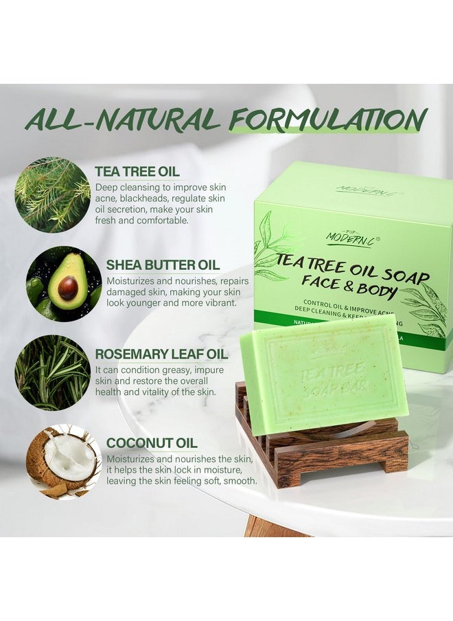POP MODERN.C - POP MODERN.C Tea Tree Soap Bar for Face & Body Wash Tea Tree Oil Bath Soaps for Athlete's Foot Body Odor Acne Deep Clean Men Women All Skin Types with Soap Holder Body Scrubber Mesh Soap Bag 2x150G - Image 1