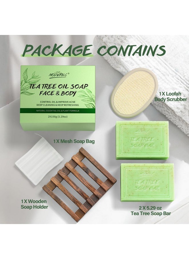 POP MODERN.C - POP MODERN.C Tea Tree Soap Bar for Face & Body Wash Tea Tree Oil Bath Soaps for Athlete's Foot Body Odor Acne Deep Clean Men Women All Skin Types with Soap Holder Body Scrubber Mesh Soap Bag 2x150G - Image 1