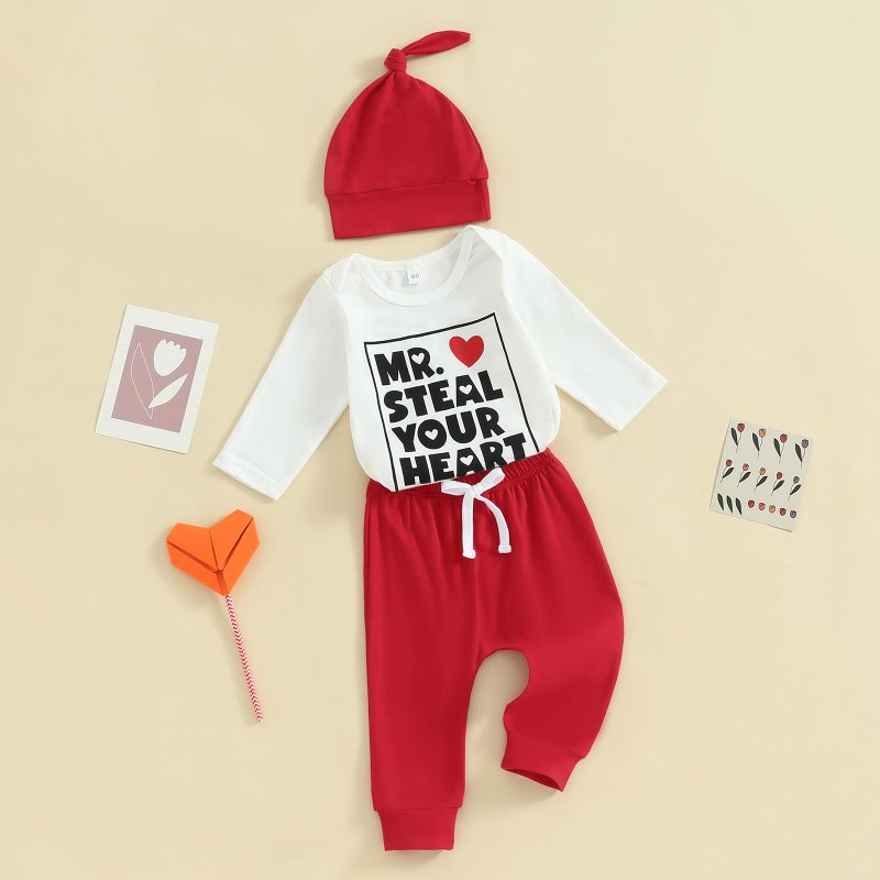 Gureui My First Valentines Day Baby Boy Outfit Long Sleeve Heart Print Romper Onesie Pants Toddler Infant Newborn Clothes (A Red Mr Steal Your Heart, 3-6 Months) - Image 3