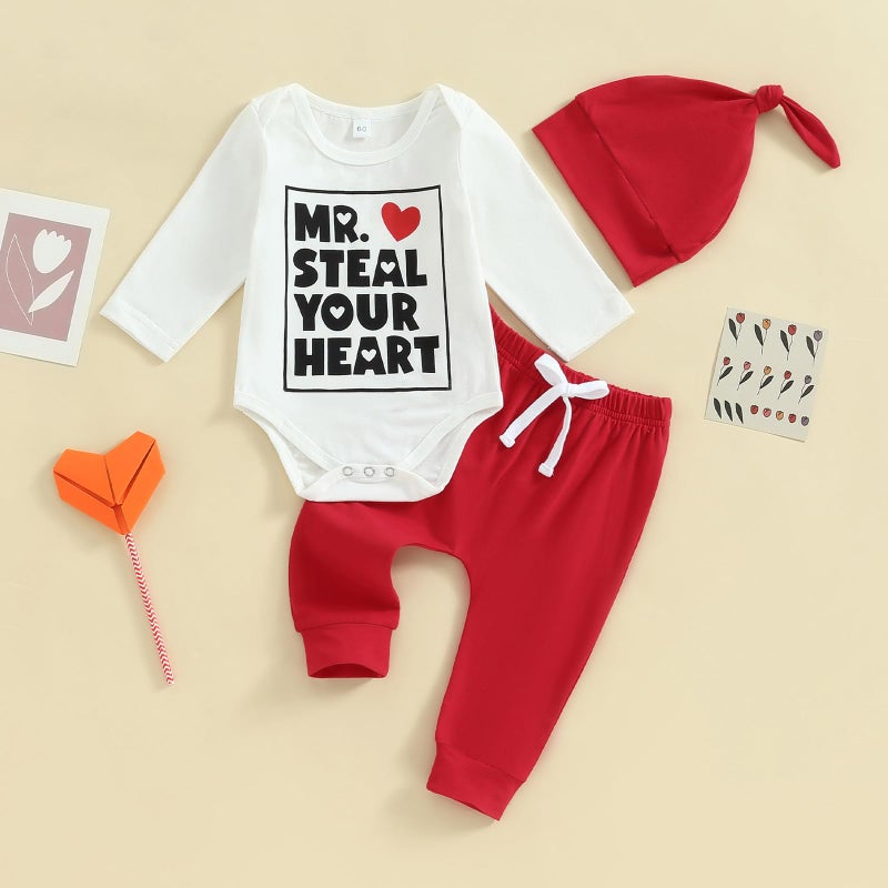 Gureui My First Valentines Day Baby Boy Outfit Long Sleeve Heart Print Romper Onesie Pants Toddler Infant Newborn Clothes (A Red Mr Steal Your Heart, 3-6 Months) - Image 2