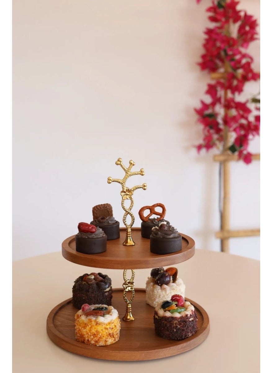 Just Wood 2 Tier 21/30 cm Gold Flower Wooden Cake Display Stand, Serving Plate, Treats  - Image 1