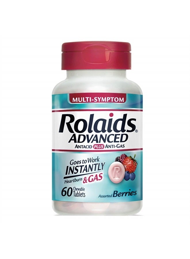 Rolaids Advanced Antacid Plus Anti-Gas 60 Chewable Tablets, Assorted Berry, Heartburn and Gas Relief, 60 Count (Pack of 1) - Image 1