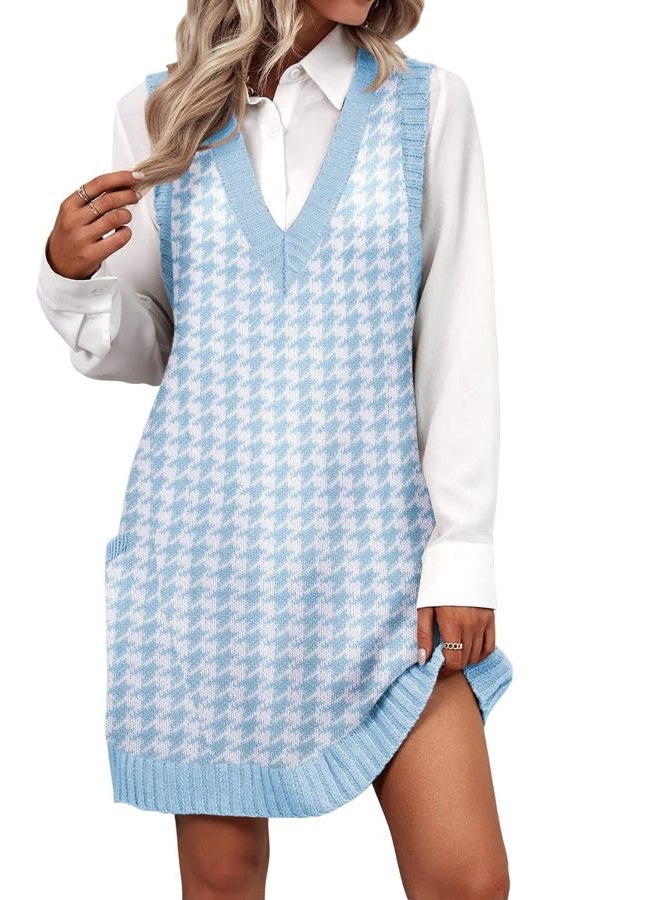 zeagoo Womens Sweater Vest Dress Pattern Knitted Pullovers Sweaters V Neck Tank Sweater Dress with Pockets, Blue Houndstooth, XXL - Image 1