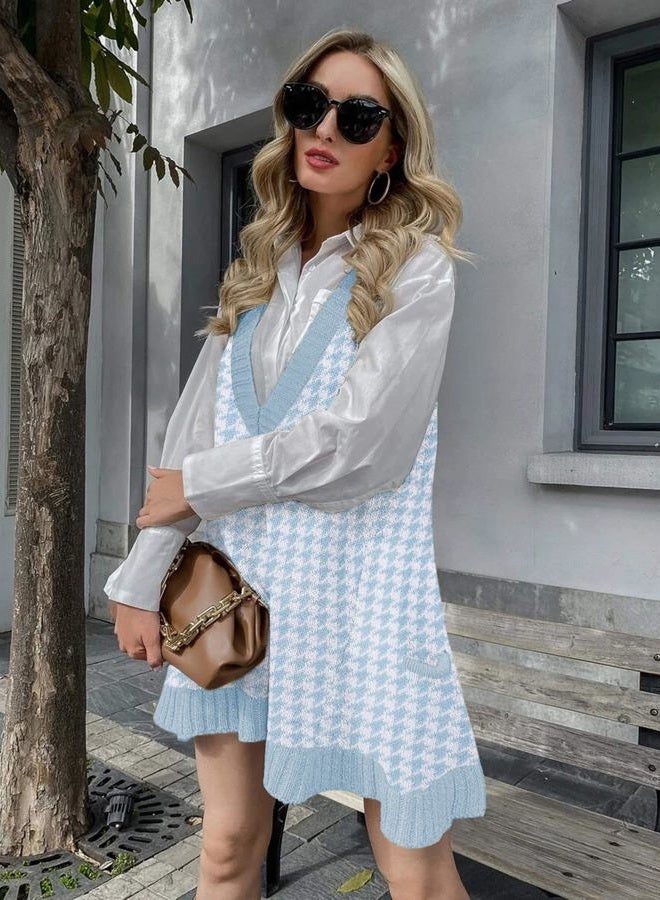 zeagoo Womens Sweater Vest Dress Pattern Knitted Pullovers Sweaters V Neck Tank Sweater Dress with Pockets, Blue Houndstooth, XXL - Image 4