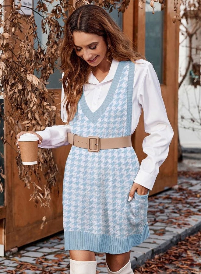 zeagoo Womens Sweater Vest Dress Pattern Knitted Pullovers Sweaters V Neck Tank Sweater Dress with Pockets, Blue Houndstooth, XXL - Image 5