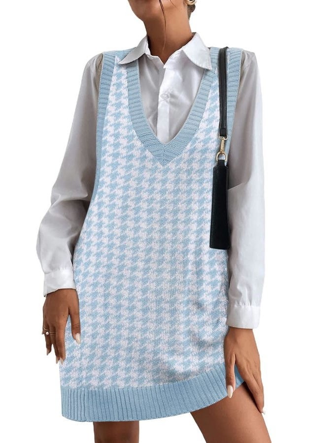 zeagoo Womens Sweater Vest Dress Pattern Knitted Pullovers Sweaters V Neck Tank Sweater Dress with Pockets, Blue Houndstooth, XXL - Image 2