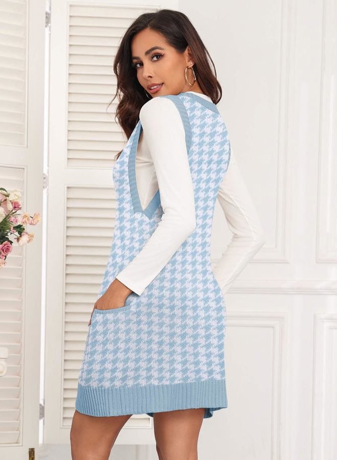 zeagoo Womens Sweater Vest Dress Pattern Knitted Pullovers Sweaters V Neck Tank Sweater Dress with Pockets, Blue Houndstooth, XXL - Image 3