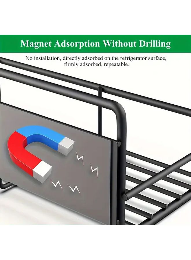 Magnetic Spice Rack Organizer For Fridge And Washing Machine Black Metal With Hooks Small Multi Functional Kitchen Storage Solution Fridge Magnets Floating Shelves - Image 2
