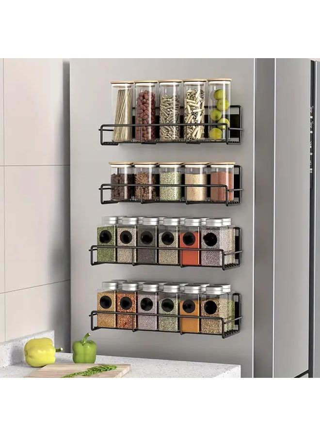 Magnetic Spice Rack Organizer For Fridge And Washing Machine Black Metal With Hooks Small Multi Functional Kitchen Storage Solution Fridge Magnets Floating Shelves - Image 1
