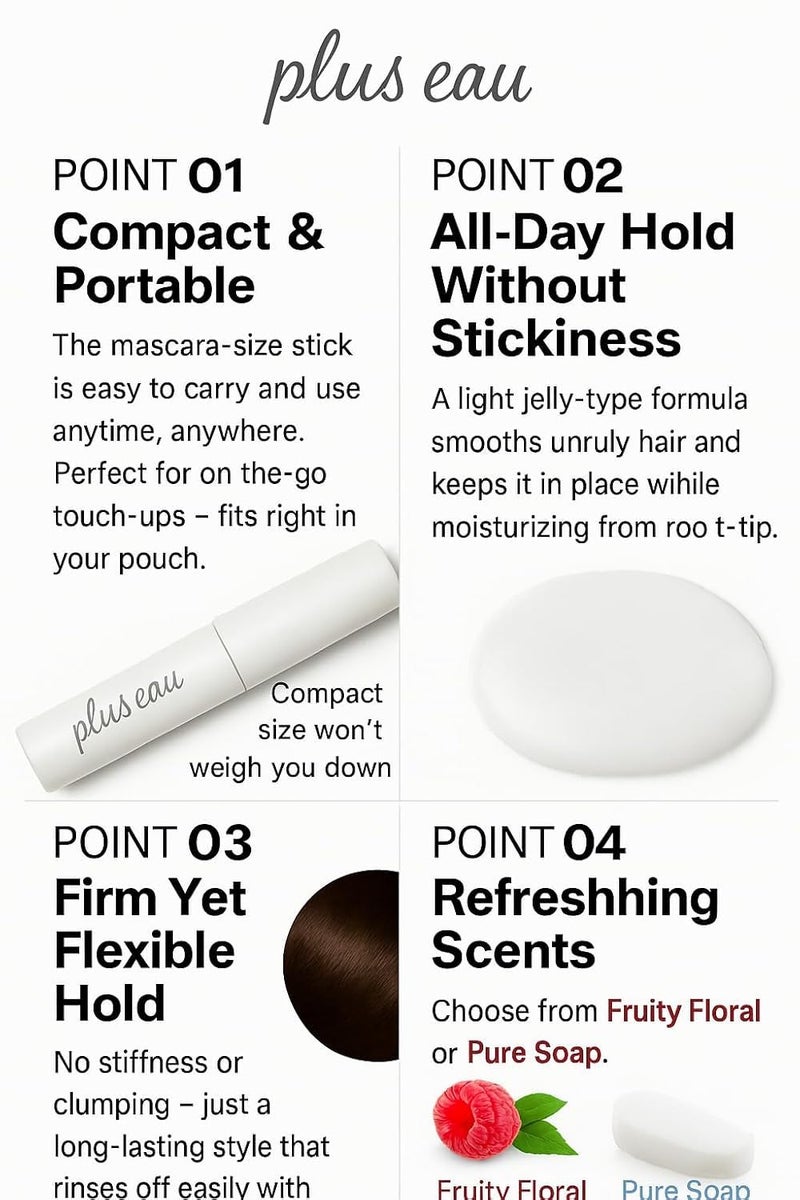 Plus eau Point Keep Hair Finishing Stick - Baby Hair & Edge Control, Small Brush Strong Hold Hair Mascara for Hairline & Part, Made in Japan, Fruity Bouquet Scent - Image 4