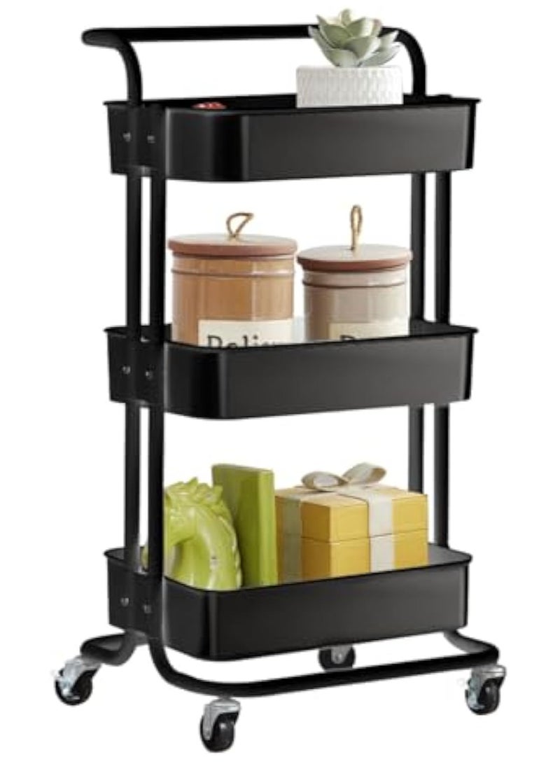 POWER 3-Tier Mesh Utility Cart, Rolling Metal Storage Cart with Handle and Lockable Wheels, Multi-Function Storage Rack for Kitchen Living Room Office Black - Image 1