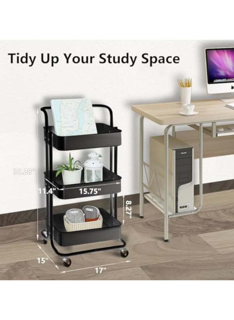 POWER 3-Tier Mesh Utility Cart, Rolling Metal Storage Cart with Handle and Lockable Wheels, Multi-Function Storage Rack for Kitchen Living Room Office Black - Image 2