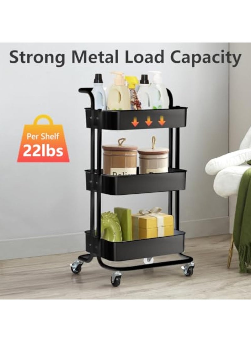 POWER 3-Tier Mesh Utility Cart, Rolling Metal Storage Cart with Handle and Lockable Wheels, Multi-Function Storage Rack for Kitchen Living Room Office Black - Image 4