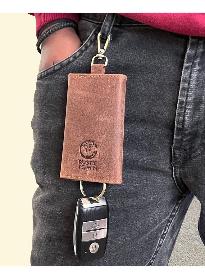 Rustic Town Leather Key Case - Leather Key Holder Wallet Pouch - Gifts for Him Her Men Women (Brown with FOB Key Loop)  - Image 2