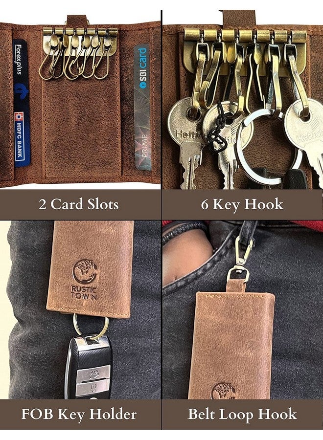 Rustic Town Leather Key Case - Leather Key Holder Wallet Pouch - Gifts for Him Her Men Women (Brown with FOB Key Loop)  - Image 4