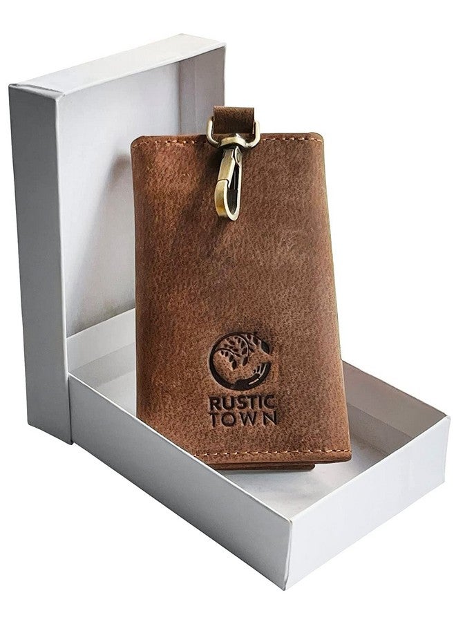 Rustic Town Leather Key Case - Leather Key Holder Wallet Pouch - Gifts for Him Her Men Women (Brown with FOB Key Loop)  - Image 5