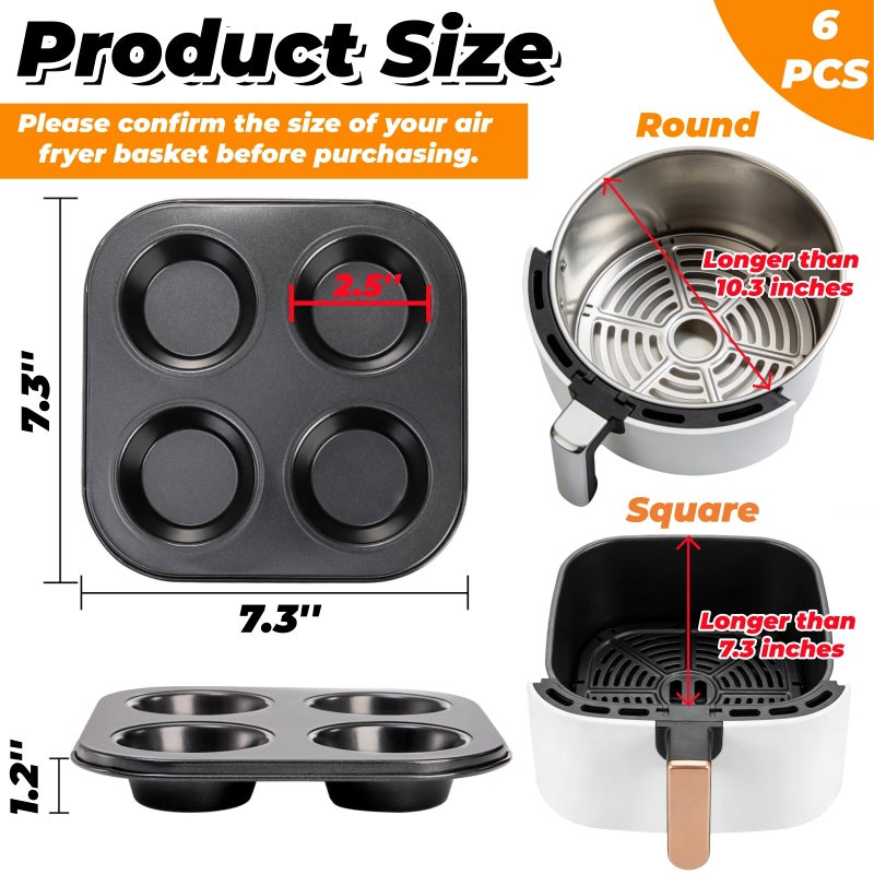 Acshio 6 Pack Air Fryer Muffin Pan, 4 Cup Non-Stick Small Oven Cupcake Baking Pan, Carbon Steel Round Muffin Tin Bakeware Cake Mould for Egg Muffin, Quiches, Frittatas - Image 2