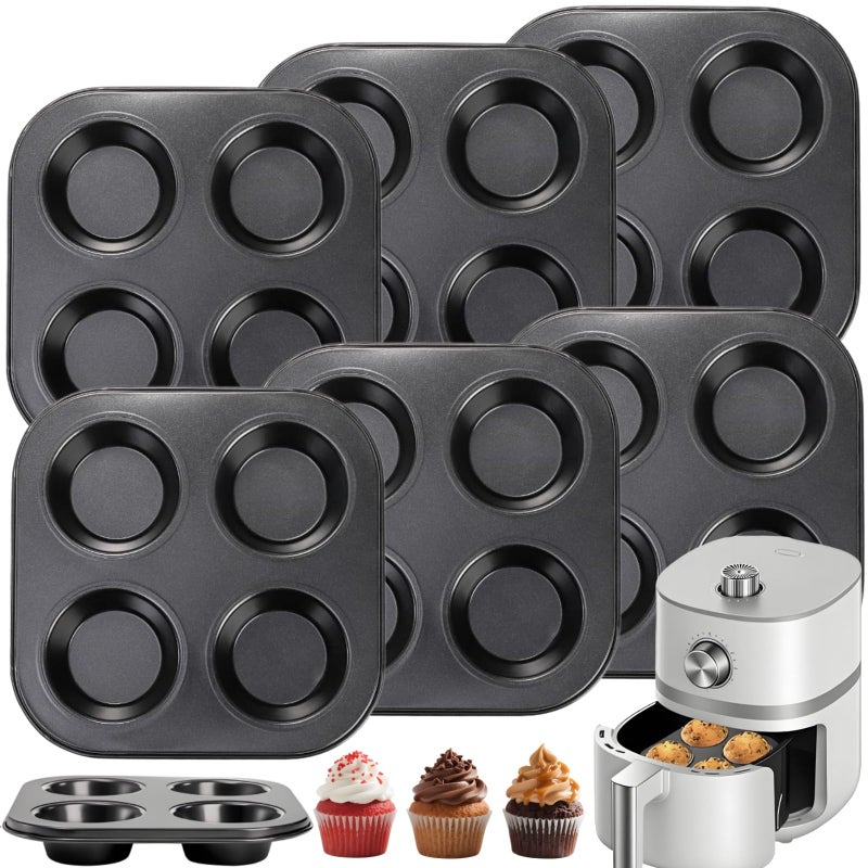 Acshio 6 Pack Air Fryer Muffin Pan, 4 Cup Non-Stick Small Oven Cupcake Baking Pan, Carbon Steel Round Muffin Tin Bakeware Cake Mould for Egg Muffin, Quiches, Frittatas - Image 1