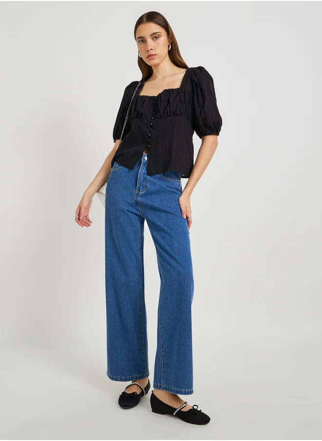 تايك تو Take Two Texture Puff Sleeve Square Neck Buttoned Blouse