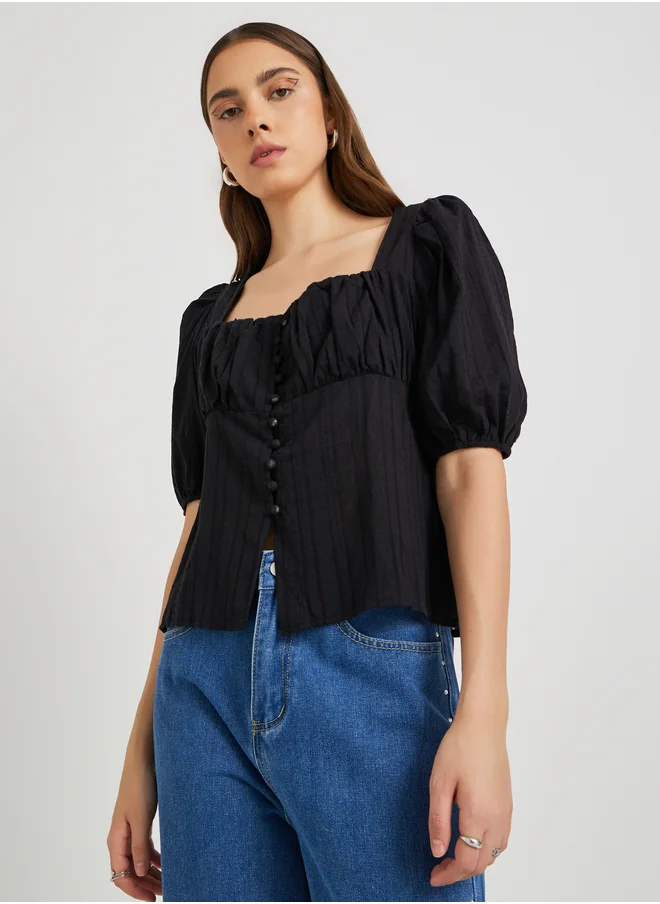 تايك تو Take Two Texture Puff Sleeve Square Neck Buttoned Blouse