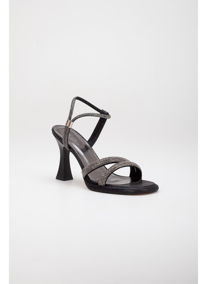 Dilimler Ayakkabı - Slices Shoes Thick Row Stone Sultan Black Women's Evening Dress Shoes - Image 1