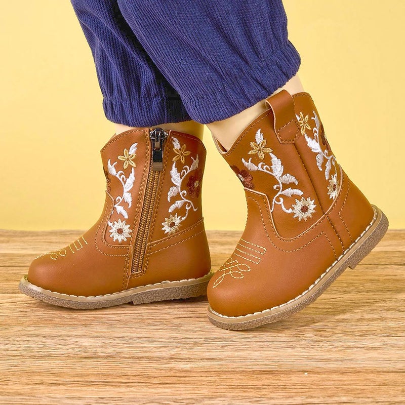 Newsonet Baby Cowboy Cowgirl Boots Infant Western Boys Girls Round Toe Riding Mid Calf for All Seasons 6 9 12 18 24 Months Brown Size 6 Toddler - Image 2