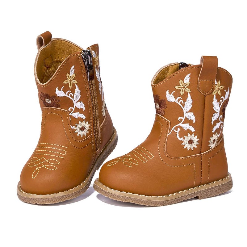 Newsonet Baby Cowboy Cowgirl Boots Infant Western Boys Girls Round Toe Riding Mid Calf for All Seasons 6 9 12 18 24 Months Brown Size 6 Toddler - Image 1