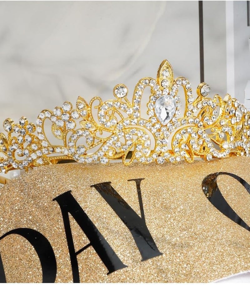 Excefore Gold Crown Birthday Queen Sash and Rhinestone Tiara Set for Women, Elegant Hair Accessories and Decorations for Special Celebrations - Image 5