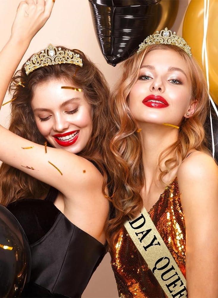 Excefore Gold Crown Birthday Queen Sash and Rhinestone Tiara Set for Women, Elegant Hair Accessories and Decorations for Special Celebrations - Image 3