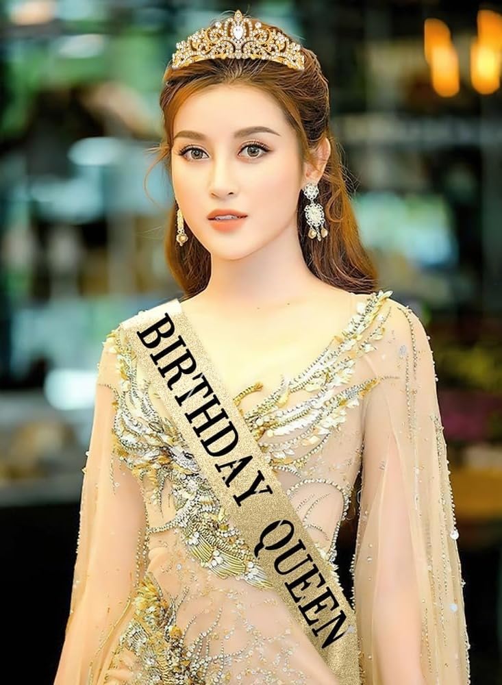 Excefore Gold Crown Birthday Queen Sash and Rhinestone Tiara Set for Women, Elegant Hair Accessories and Decorations for Special Celebrations - Image 2