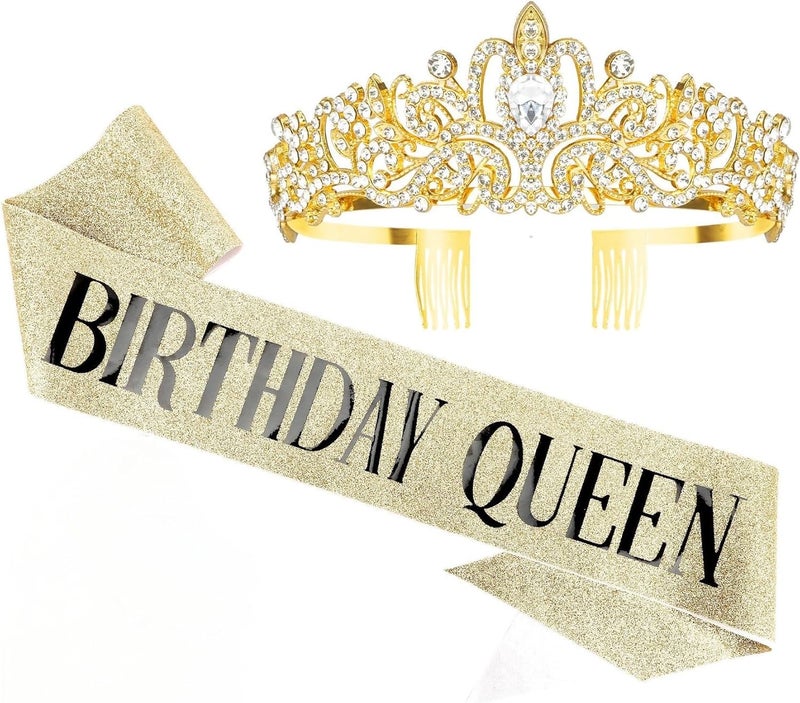 Excefore Gold Crown Birthday Queen Sash and Rhinestone Tiara Set for Women, Elegant Hair Accessories and Decorations for Special Celebrations - Image 1