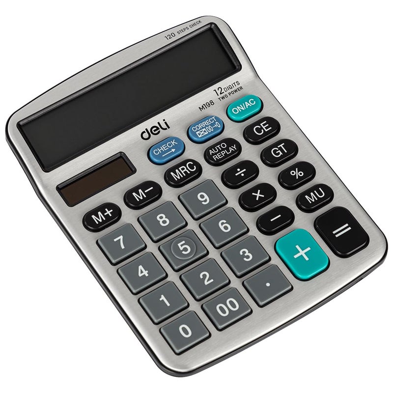 Deli آلة حاسبة مزدوجة الطاقة 12 رقم مع خيار التحقق والتصحيح 120 خطوة | ضمان 3 سنوات | - فضي - Image 3